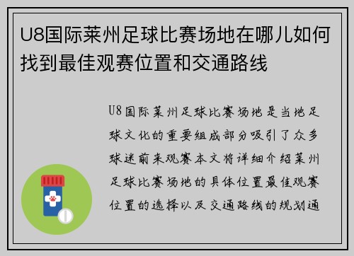 U8国际莱州足球比赛场地在哪儿如何找到最佳观赛位置和交通路线