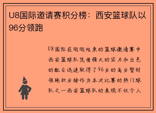 U8国际邀请赛积分榜：西安篮球队以96分领跑