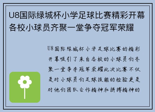 U8国际绿城杯小学足球比赛精彩开幕各校小球员齐聚一堂争夺冠军荣耀